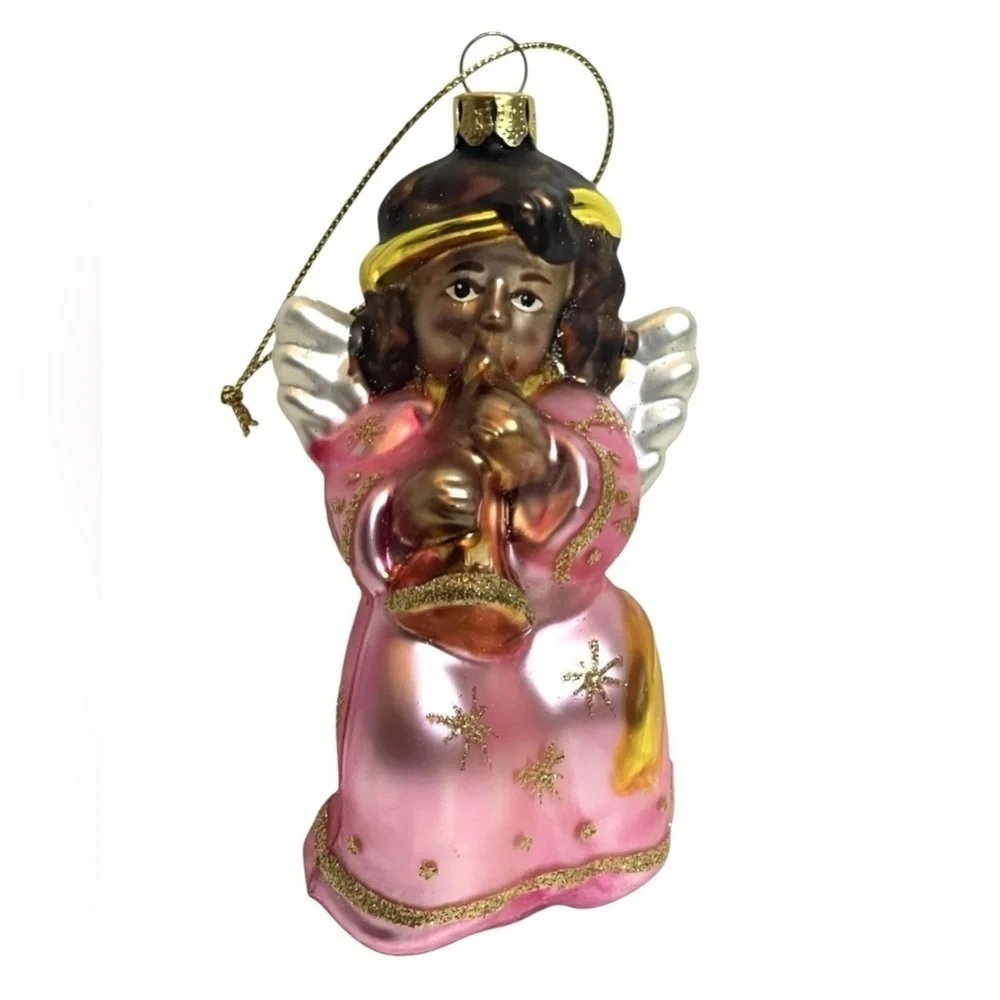 Set of 2 Vintage Blown Glass Ornaments Glitter Angel Radko Style Christmas Decor
